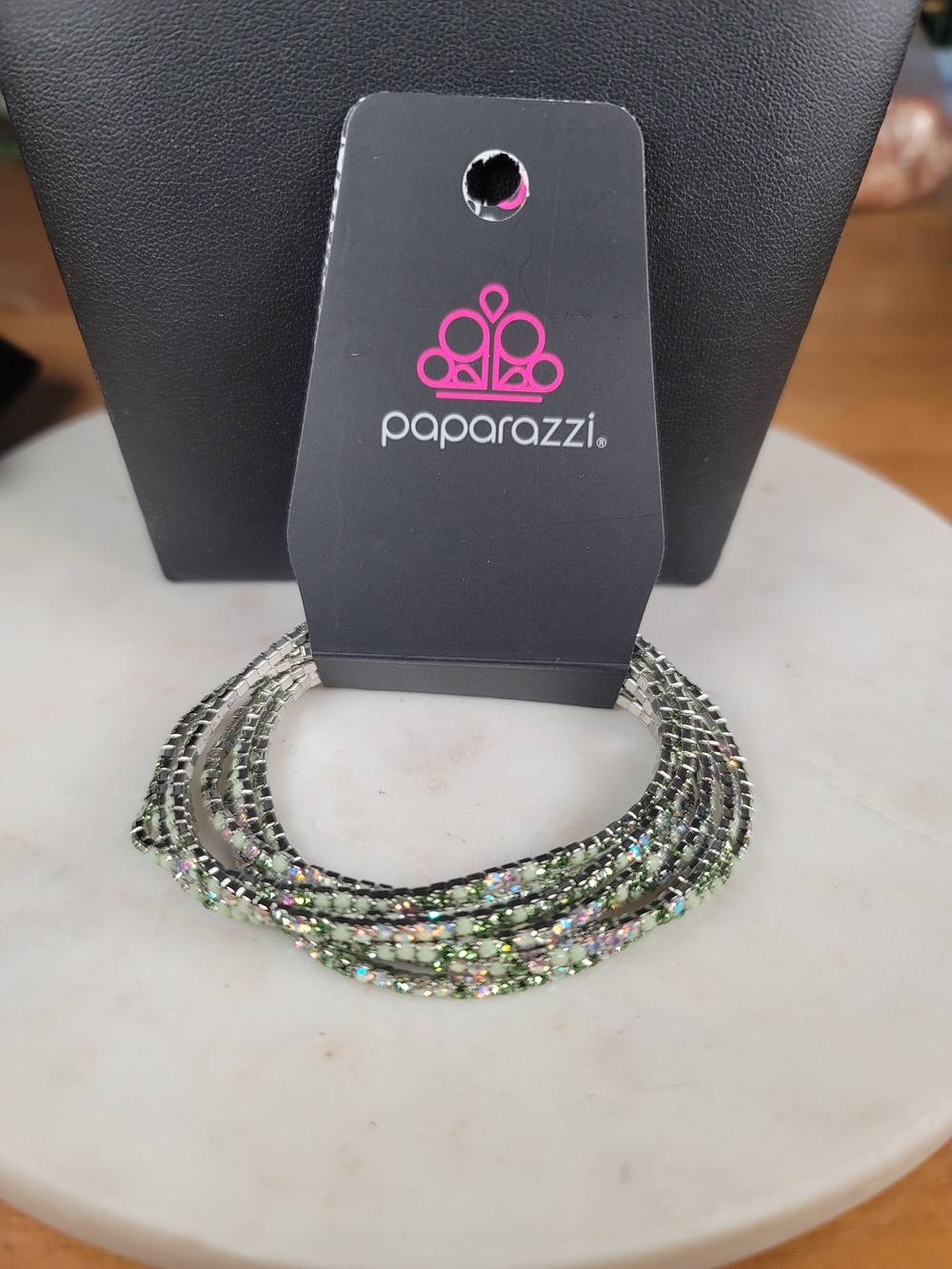 Paparazzi Green and Iridescent Multi-Strand Crystal Bracelet Set - Picture 2 of 2